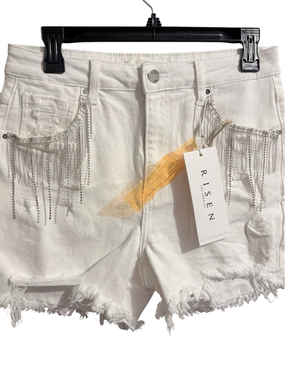 RISEN White Denim Shorts with Silver Chain and Rhinestone Fringe - Picture 5 of 9